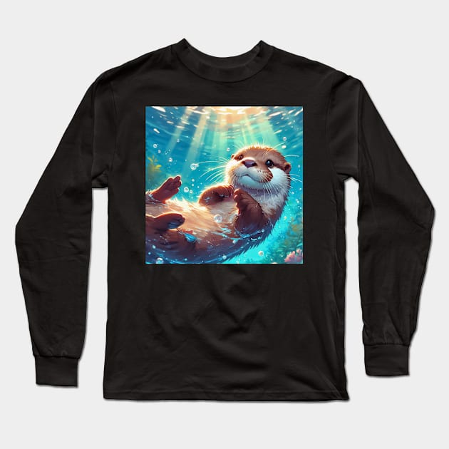 Kawaii Anime Otter Diving Long Sleeve T-Shirt by TomFrontierArt